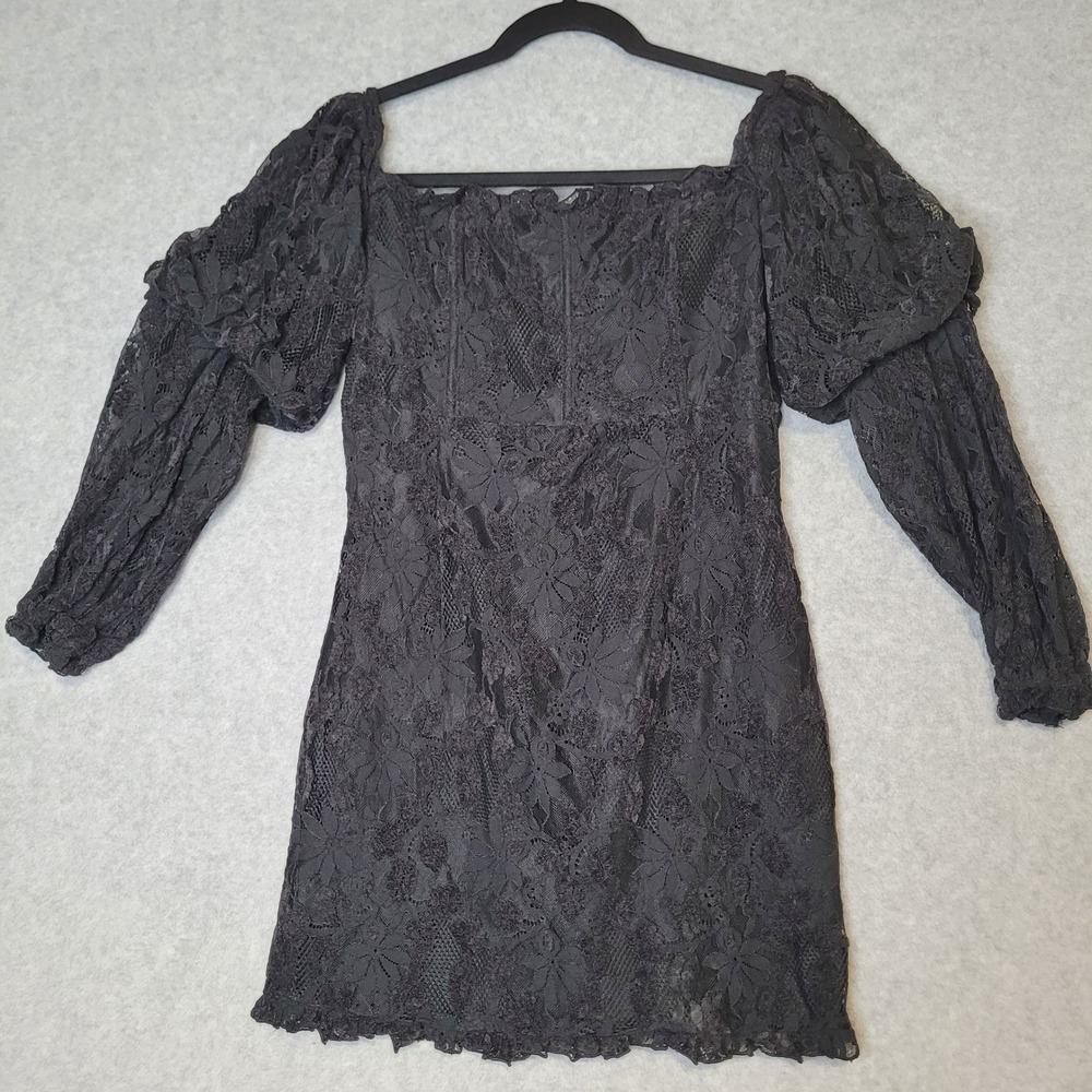 Black Floral Lace Puff Sleeve Mini Dress M Renaissance Witchy Fantasy Medieval